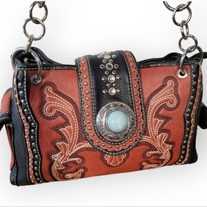 P & G COLLECTION Brown Western Shoulder Bag Embellished Studded